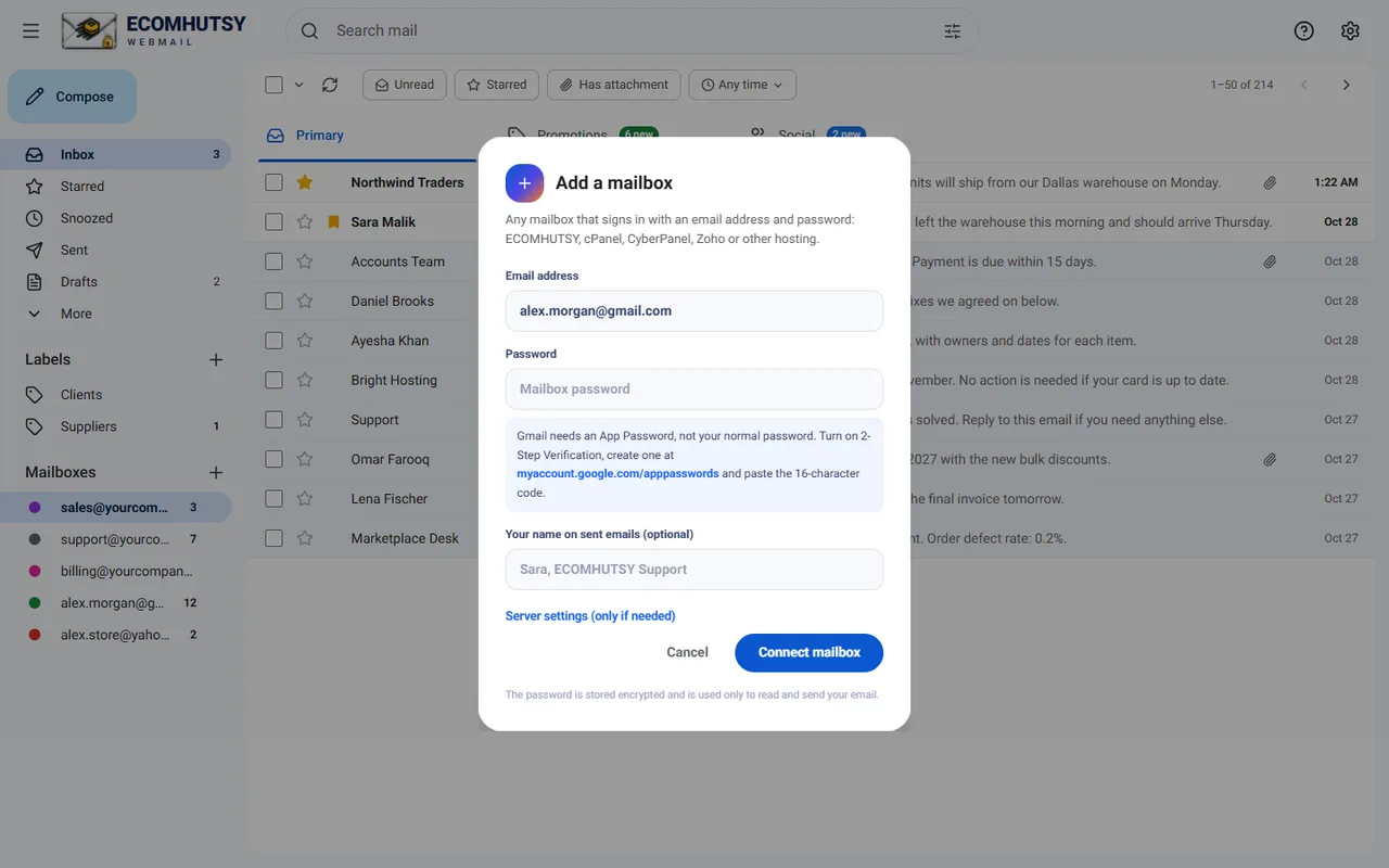 Adding Gmail in ECOMHUTSY Webmail with the App Password hint