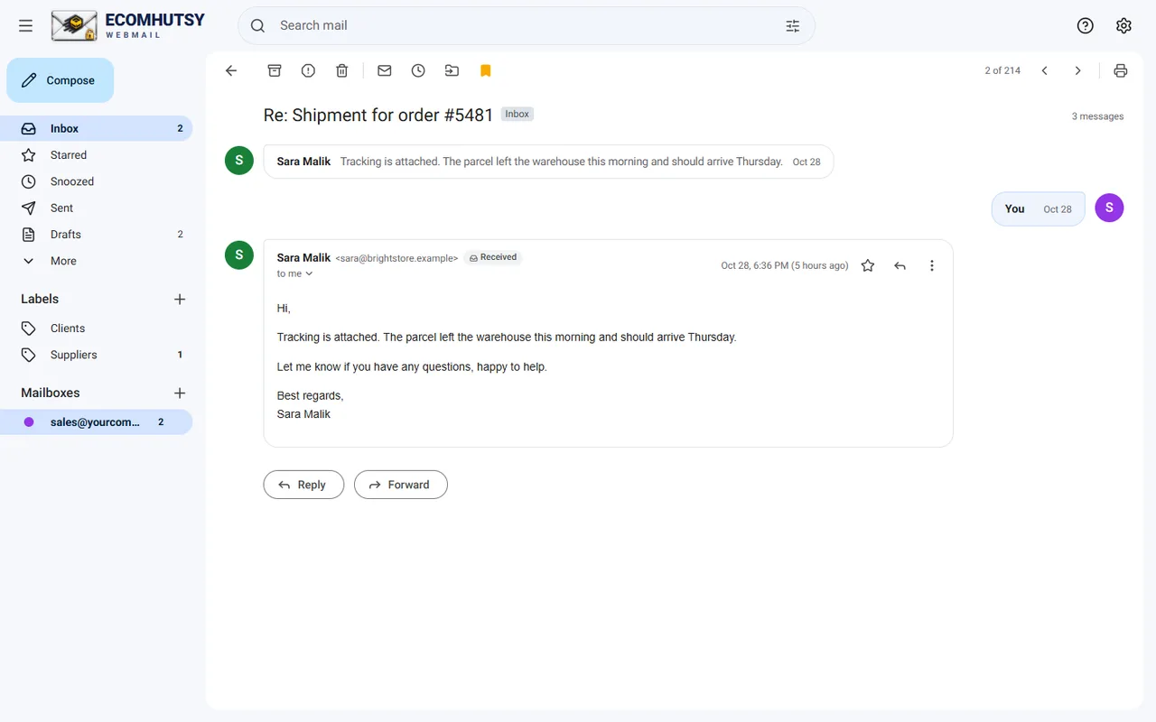 A conversation in the ECOMHUTSY Webmail desktop app