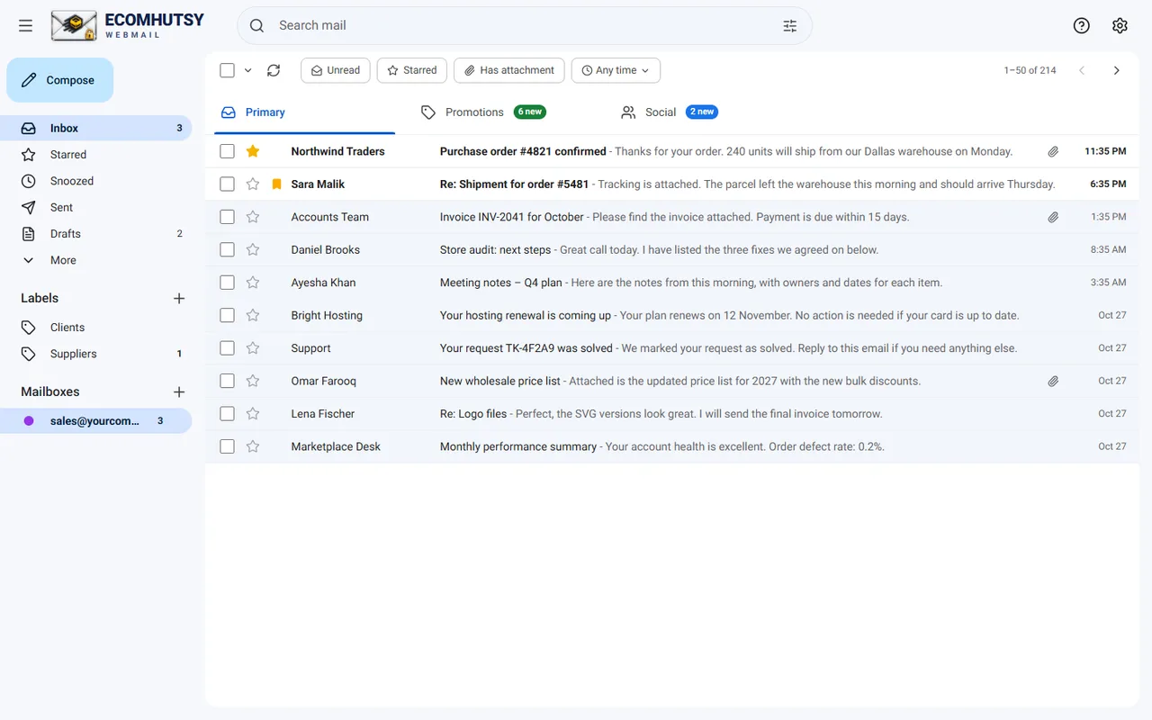 ECOMHUTSY Webmail desktop app inbox on Windows