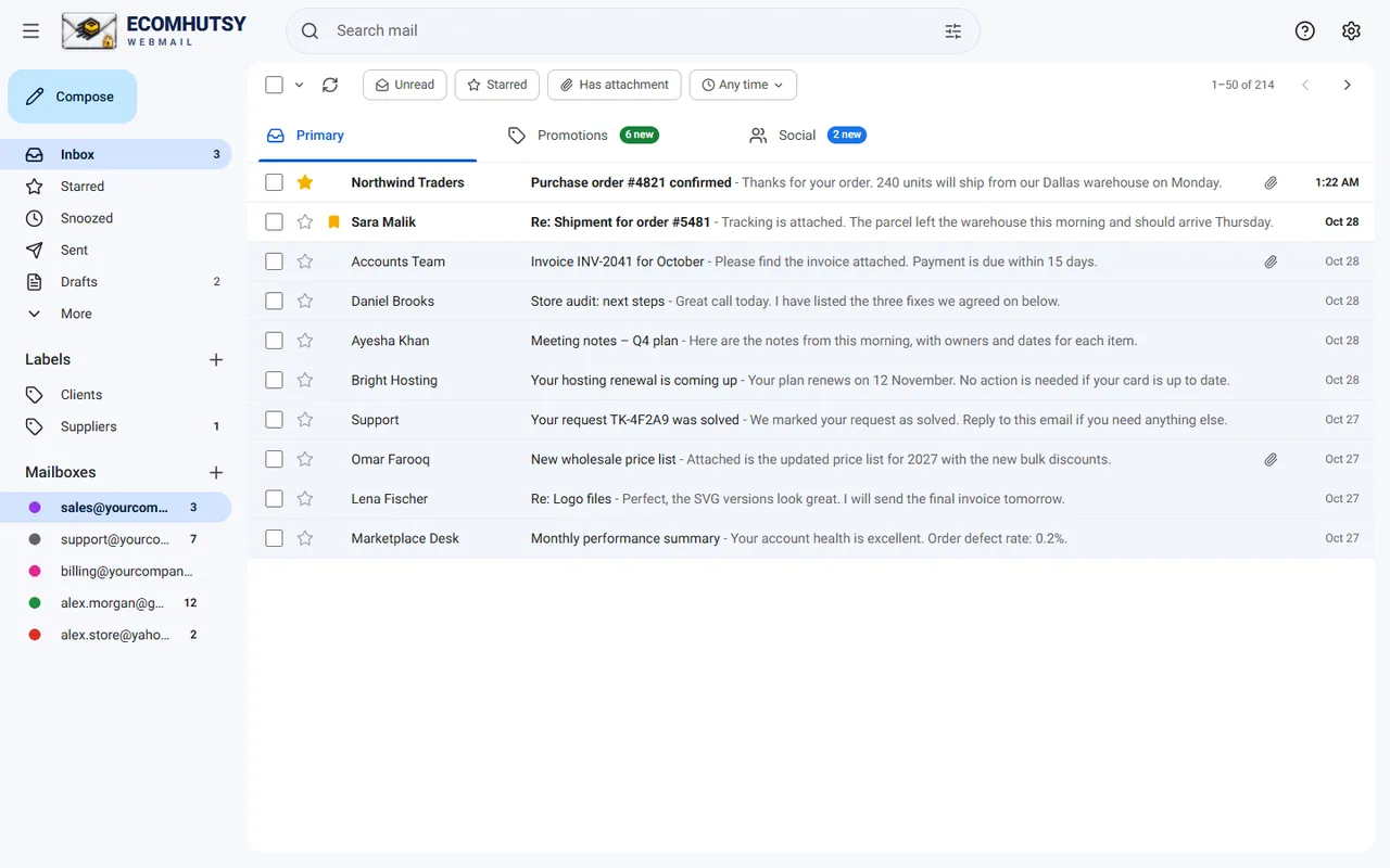 ECOMHUTSY Webmail on Windows with several mailboxes